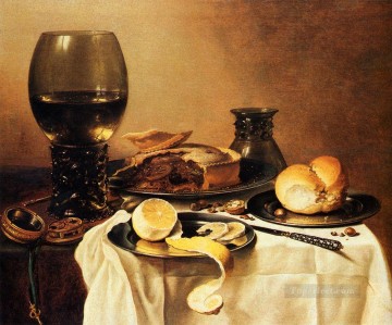  Claesz Oil Painting - Breakfast Still Life With Roemer Meat Pie Lemon And Bread Pieter Claesz